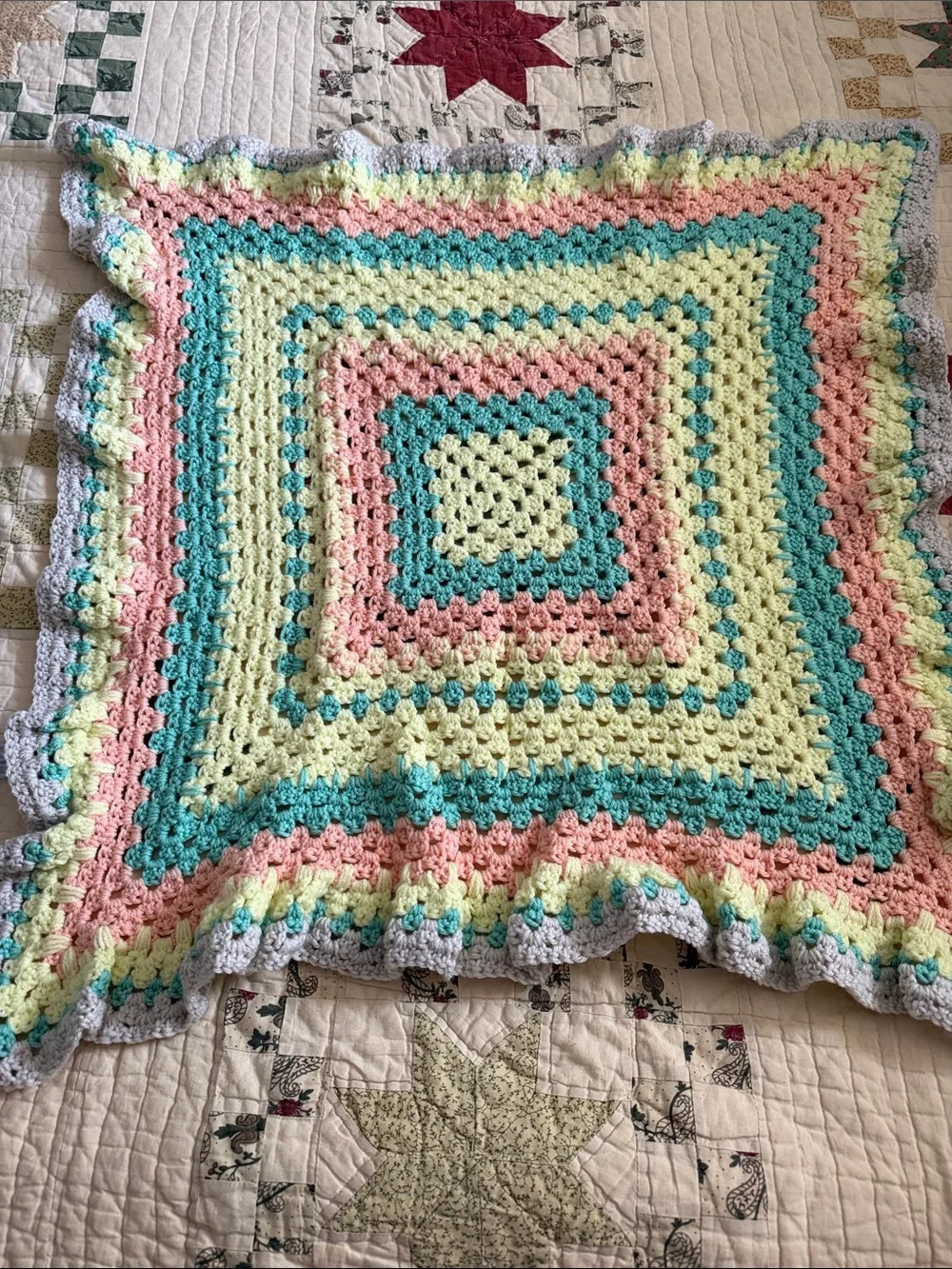 Pastel Crochet Baby Blanket in Pink, Blue, Yellow & Cream